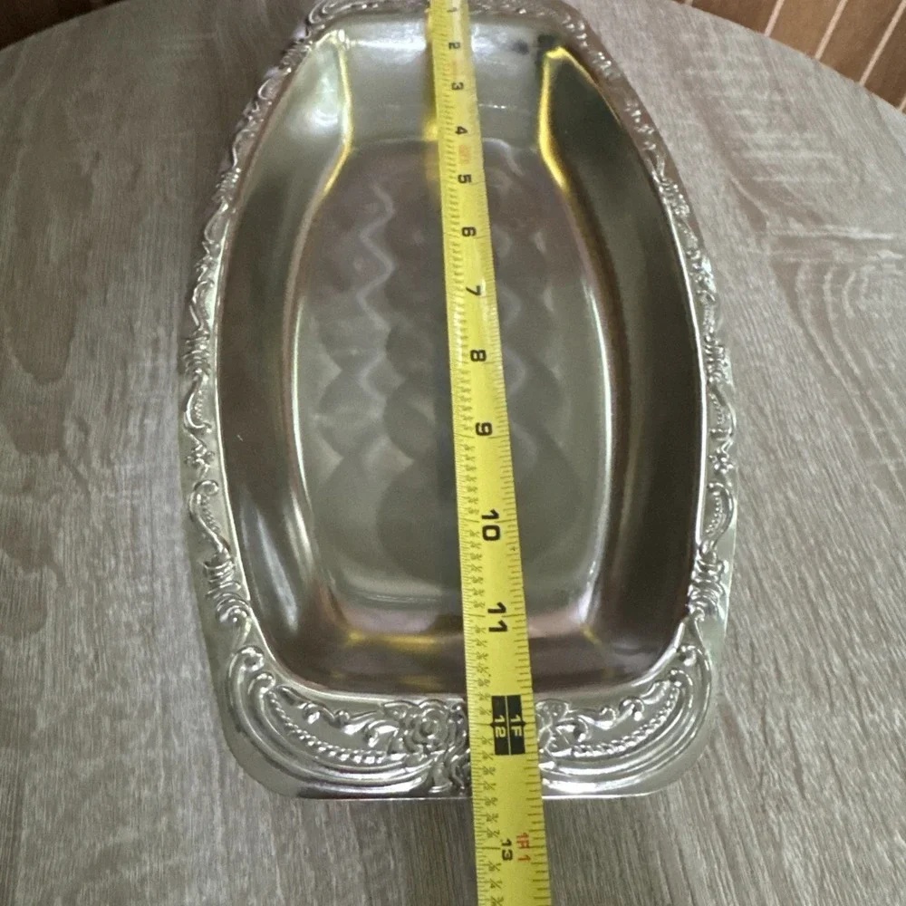 Vintage Silver Tone Floral Trinket Tray Oval Rose Dish Twin Bird Co Japan